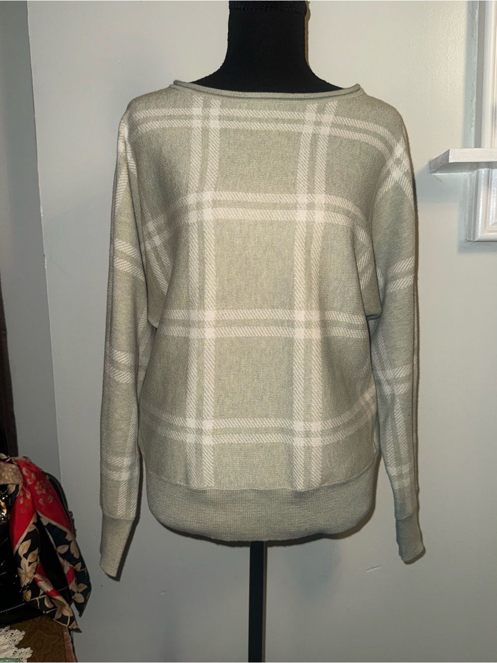 Cynthia Rowley Sage and White Plaid Crewneck Sweater